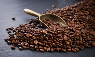 Fototapeta premium Roasted coffee beans spilling from a brass scoop