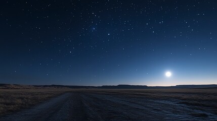 Starry night sky with bright moon illuminating quiet landscape under open sky