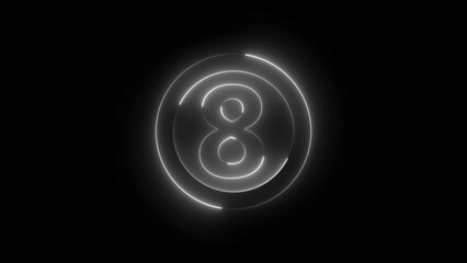 White Neon Number Eight Inside Concentric Circles on Black Background digit numeral