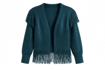 Studio shot of a teal ribbed knit cardigan with fringes, perfect for showcasing your designs or adding a touch of style to any project