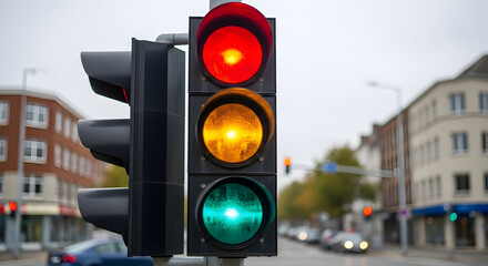 Urban Traffic Light Close-Up with Red, Yellow, and Green Signals &mdash; City Street Intersection Safety and Transportation Control