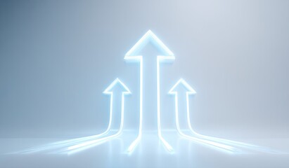 Three luminous blue neon arrows ascend from a single point, symbolizing growth and upward trajectory against a light gray backdrop