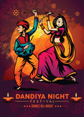 Illustration of couple playing Garba and Dandiya in Navratri Celebration and disco,  Gujarati Garba Night poster for Navratri Dussehra festival of India