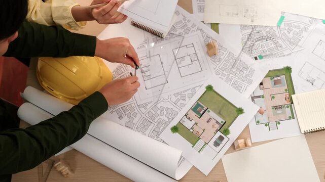 Architect and safety engineer discussion about building construction use blueprint on table with architectural document, measurement tool and wooden block scatter around at modern office. Delineation.