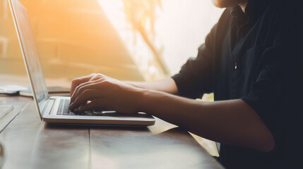 Person working on a laptop in warm light.