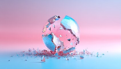 Shattered glass sphere, pastel pink and blue background, fragments scattered on a smooth surface