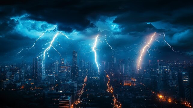 Futuristic city illuminated by striking lightning bolts during a dramatic storm at dusk