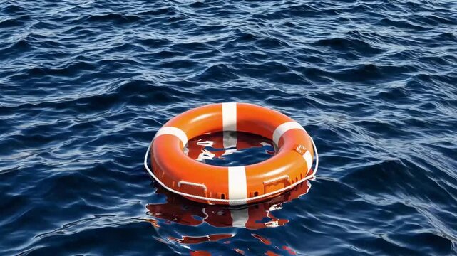 vibrant orange life ring buoyant upon gently undulating ocean waves under clear azure sky, high-definition three-dimensional computer-generated ry representation