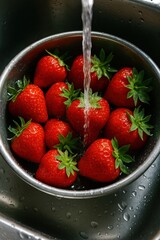 Fresh strawberries in metal bowl under running water in kitchen sink