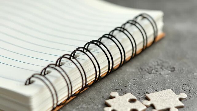 Notebook with Spiral Binding on Textured Surface, Accompanied by Puzzle Pieces, Symbolizing Creativity and Problem Solving Challenges