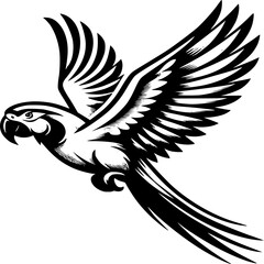 Obraz premium Soaring Parrot in Flight: A meticulously crafted illustration depicts a vibrant parrot in mid-flight, its wings gracefully spread against an unseen backdrop.