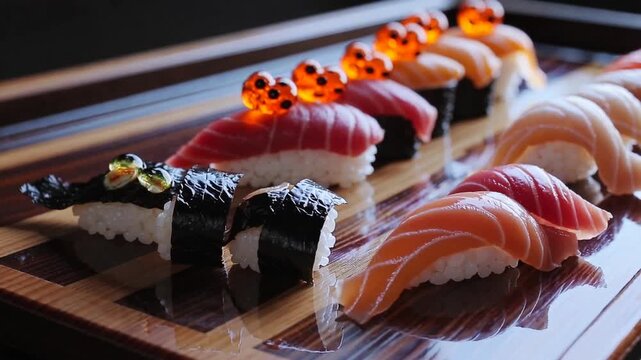 Exquisite Japanese raw fish dish assortment featuring hand-pressed rice bases and salmon roe servings captured in close proximity