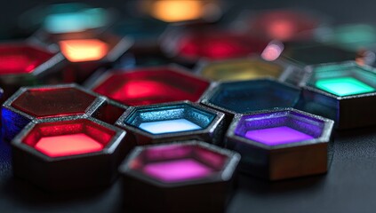 Close-up of a honeycomb pattern of illuminated hexagonal prisms, exhibiting a variety of vibrant translucent colors against a dark background, showcasing depth of field