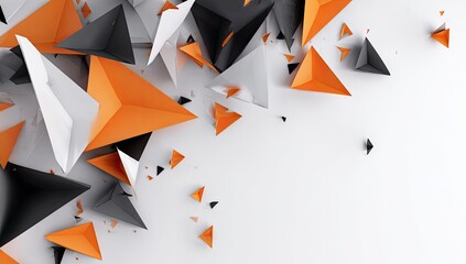 Abstract composition of orange, black, and white triangular forms against a white background; dense cluster to the left, smaller elements scattered to the right, leaving space for text