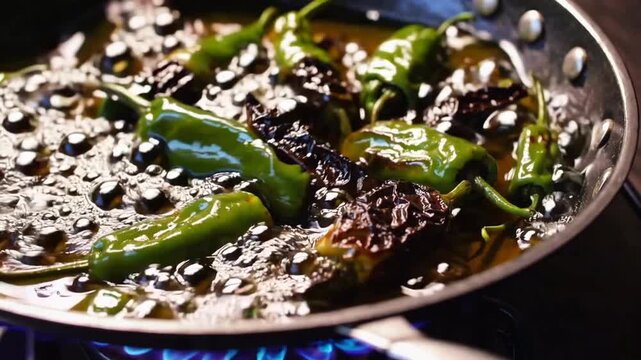 Close Up View Of Blistered Padron Peppers Pimientos De Padr&oacute;n Traditional Spanish Tapas Cooked In Canola And Olive Oil