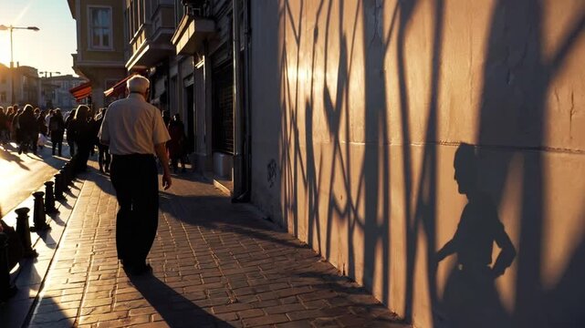 Elderly gentleman ambulating alongside silhouetted human forms projected onto wall surface in prominent Eurasian metropolis