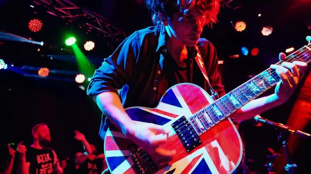 Union Jack Themed Six-String Instrument Performed Live Upon Platform