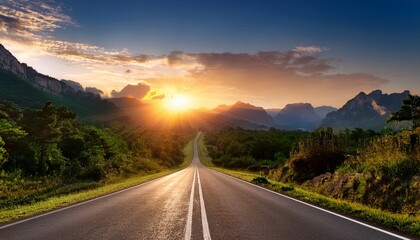 Naklejka premium a serene road stretches toward a sunset framed by mountains and greenery creating a peaceful picturesque landscape