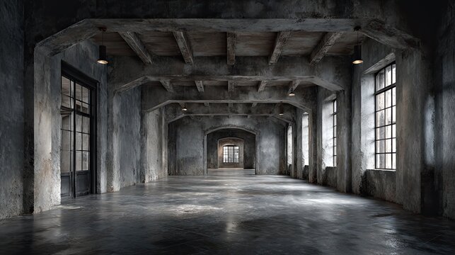 Abandoned factory interior shows a large, empty space with concrete floors, old walls, tall windows, and arched doorways in industrial building during daytime