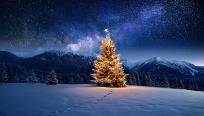 christmas tree under starry night sky in winter snow landscape with mountain backdrop
