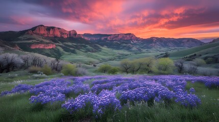 Obraz premium Vibrant Sunset over Mountain Valley with Wildflower Meadow