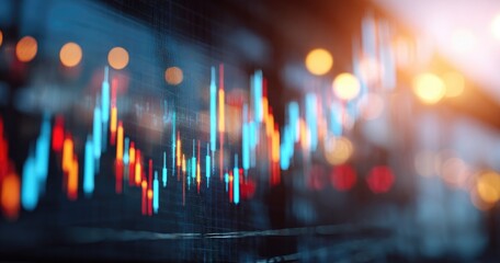 Blurry financial data display with colorful charts and bokeh lights