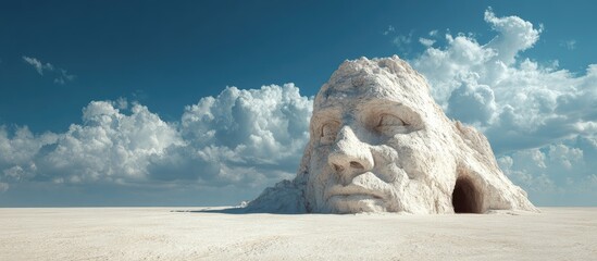A colossal stone head, carved into a cliff face, sits solitary in a vast, pale desert under a bright blue sky with fluffy white clouds.  A dark cave entrance is visible within the sculpted head