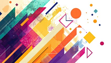 Vibrant abstract artwork featuring diagonal stripes, geometric shapes (circles, squares, triangles), and textured splashes in a multicolored palette against a white background