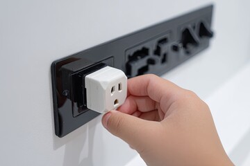 A small hand inserts a white electrical adapter into a black wall power strip with multiple outlets
