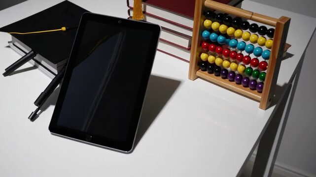3D rendering of black tablet PC with wooden and colorful abacus, stack of books, and graduation hat