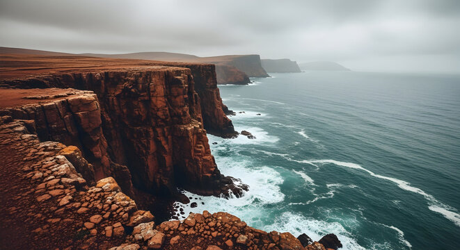 Dramatic coastal cliffs meet turbulent seas under a cloudy overcast sky - Powered by Adobe