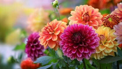 a vibrant close up of colorful dahlias and marigold flowers with lush green leaves arranged decoratively on a blurred outdoor background