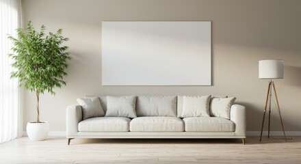 Bright and calm living room with a cozy sofa, green plant, and a blank mockup canvas against a neutral wall, bathed in natural light