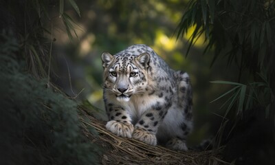 Obraz premium Snow leopard alert, jungle setting