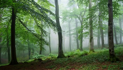Fototapeta premium green trees in fog mystical forest serene dense lush tranquil nature