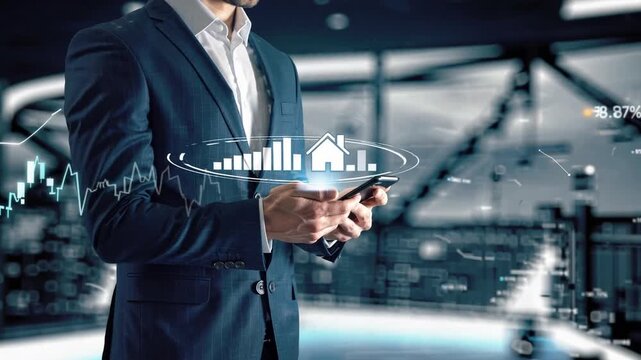 corporate professional interacting with mobile device displaying holographic housing symbol and downward trend indicator, representing economic shifts in property markets and financing