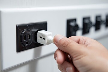 Close-up of a hand plugging a white adapter into a black electrical outlet on a white wall