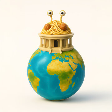 3D illustration of a symbolic Pastafarian temple on a miniature globe. Concept of satire, parody religion, and modern cultural movements.