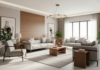 Spacious and Bright Modern Living Room Interior with Contemporary Grey Sofas, Elegant Chandelier, Wooden Accent Wall, and Potted Plants