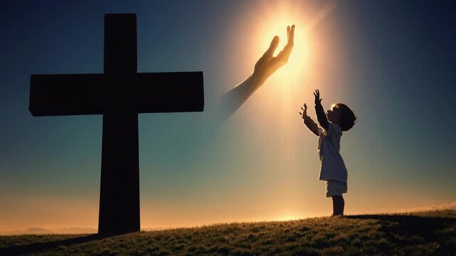 divine hand offering assistance and optimism to young person, set against backdrop featuring religious symbol