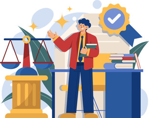 A smiling lawyer or legal professional stands confidently beside a balance scale and desk with law books, gesturing towards a certificate of achievement.