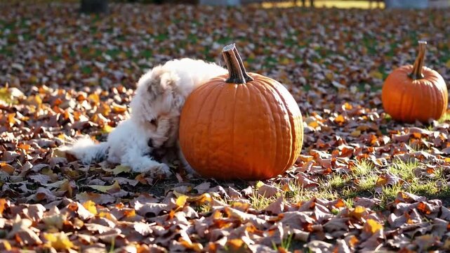 small white dog resting its head between two large orange pumpkins in autumn setting