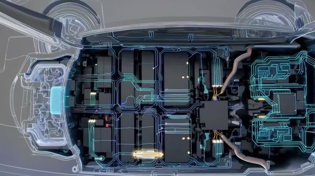 three-dimensional rendered top-down view of generic electric automobile presented in technical cross-section view