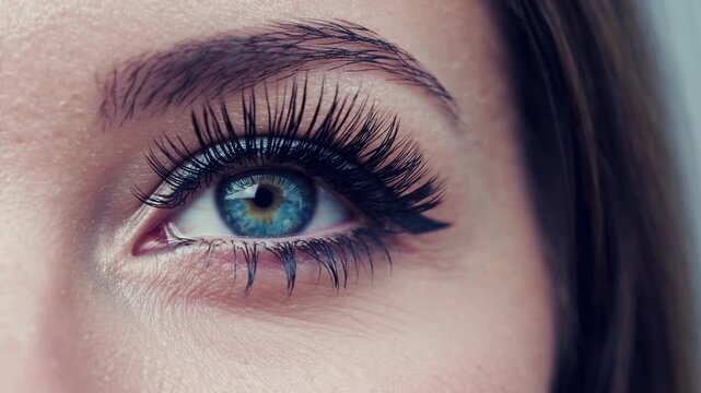 extreme close-up macro graph of female's blue eyes with artificial eyelashes looking upward