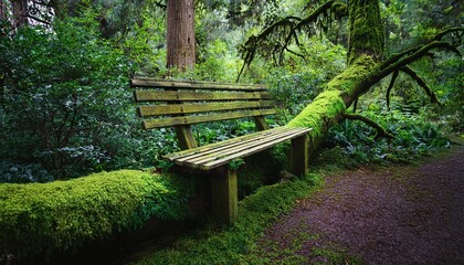 Fototapeta premium an old wooden bench covered in vibrant green moss sits beside a fallen tree creating a peaceful retreat surrounded by lush forest vegetation inviting relaxation and contemplation