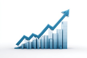 Ascending blue 3D bar graph with upward arrow, illustrating positive growth and progress against a white background