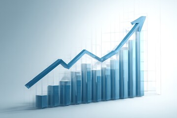 Ascending translucent blue bar graph with a rising arrow, suggesting growth and positive trend against a light grey background