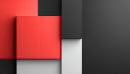 Abstract geometric composition of red, black, and gray squares and rectangles, exhibiting depth through layering and shadow