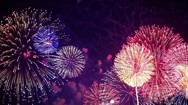 Multicolored pyrotechnic explosion backdrop with available area for wording, joyous upcoming year 2026