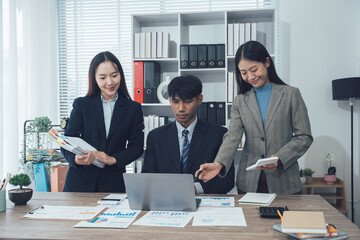 Auditor and accountant team working in office, analyze financial data and accounting record with calculator. Accounting company provide finance and taxation planning for profitable cash flow. Insight